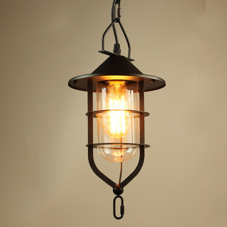 Campana colgante tipo farol negra con vidrio, jaula y cadena vintage Campana colgante tipo farol negra con vidrio, jaula y cadena vintage