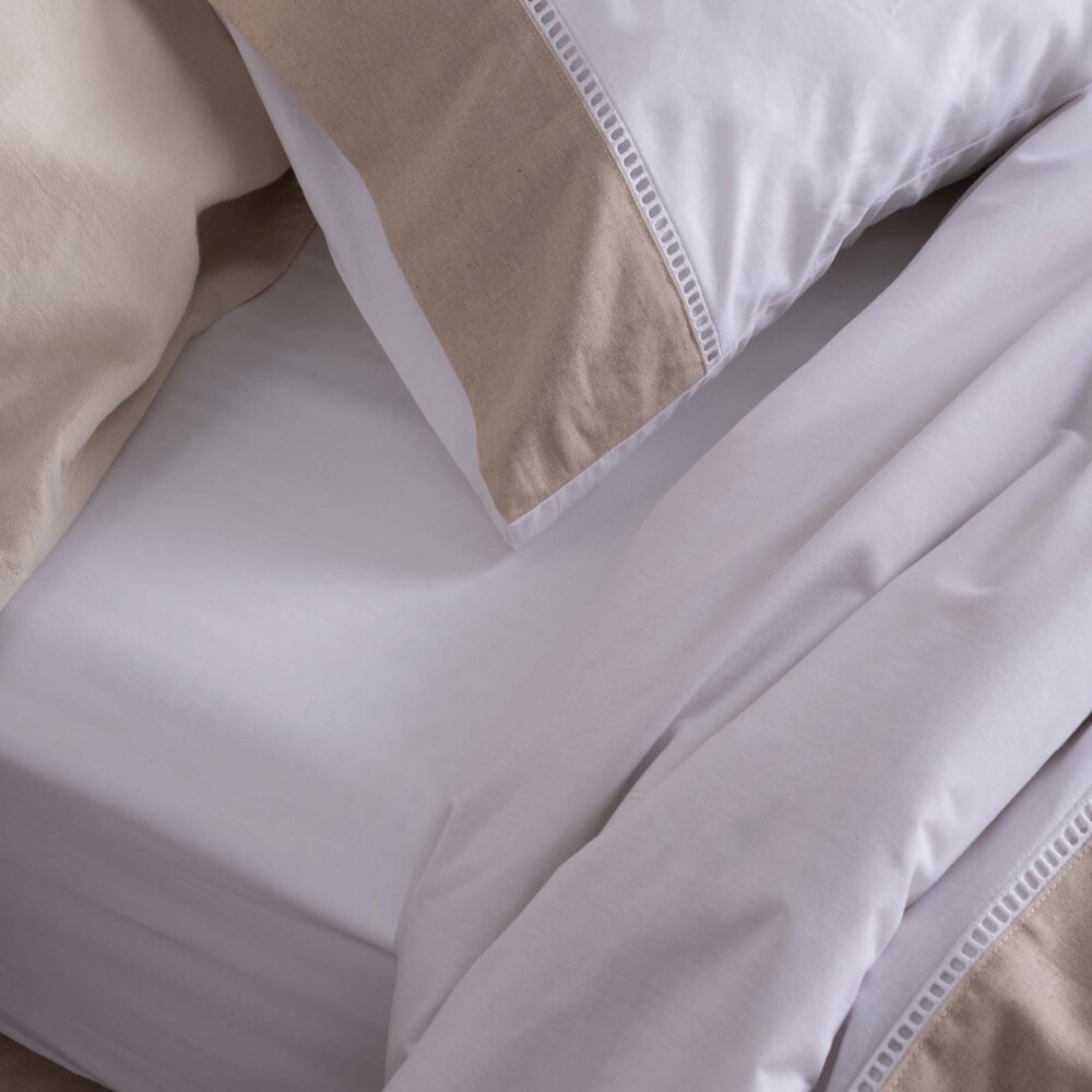 JUEGO DE SABANAS 180 HILOS 1 PLAZA ALGODON NATURAL-BEIGE GUARDA DE LINO BEIGE