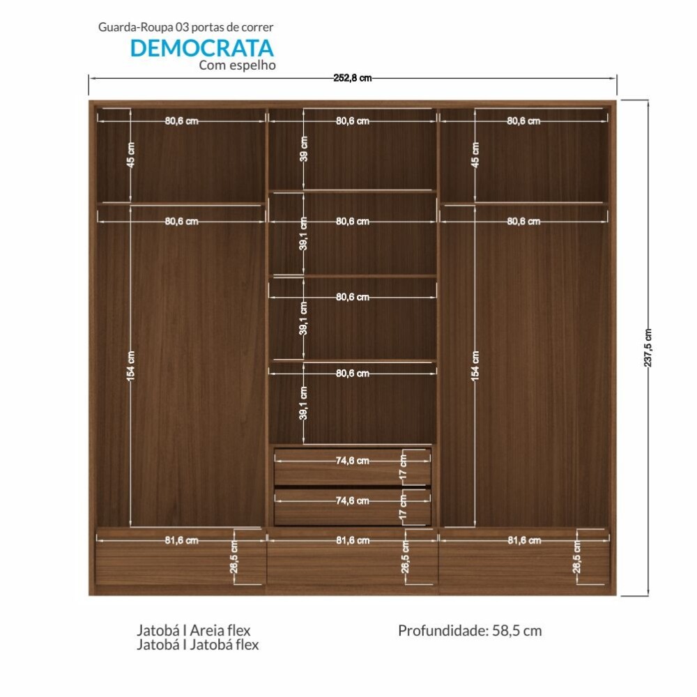 Ropero Democrata 3 Puertas Corredizas y Espejo Marrón