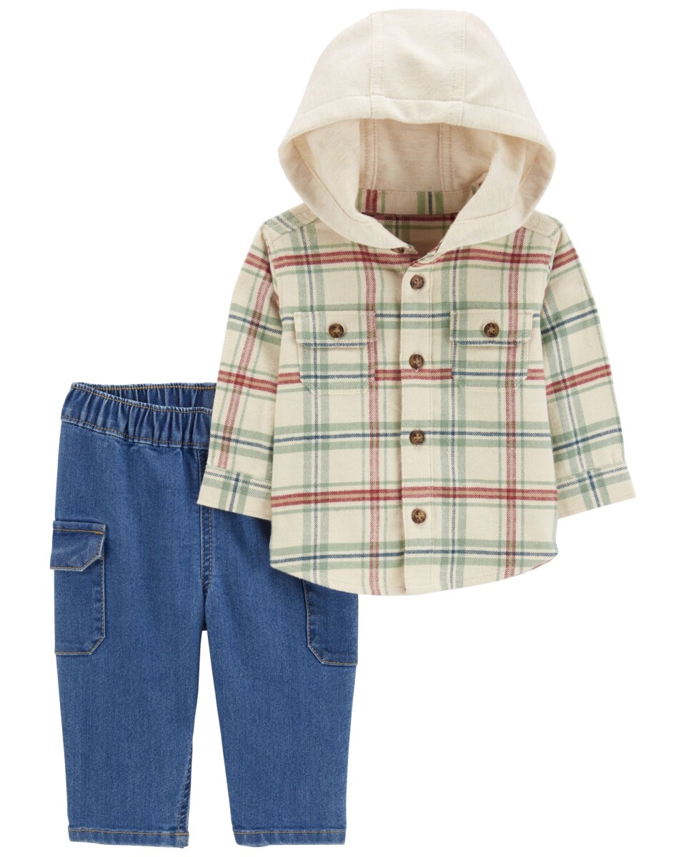 Set dos piezas, pantalón jean y camisa de franela con capucha 