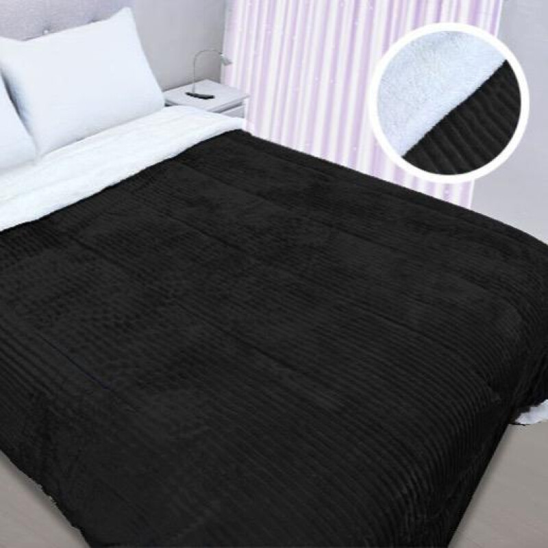 Acolchado 1 Plazas Corderito Sherpa Cotton Flor | Súper abrigado, reversible y suave NEGRO RAYA