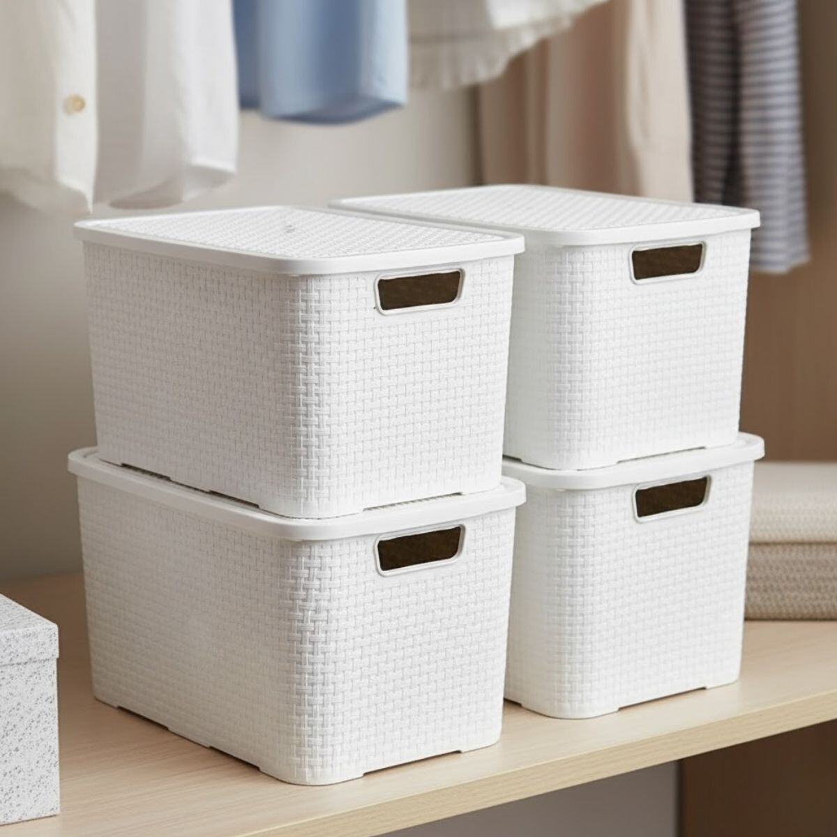 Set x4 cajas organizadoras simil ratán 15lts - BLANCO 