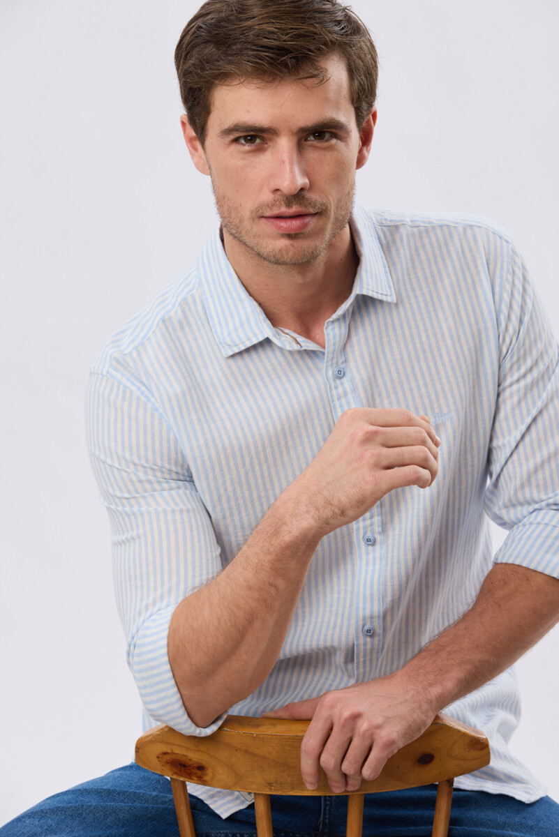 CAMISA RAYADA DE LINO - Celeste 