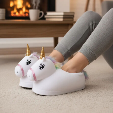 Pantuflas Unicornio Suaves y Calentitas para Niños y Adultos Blanco