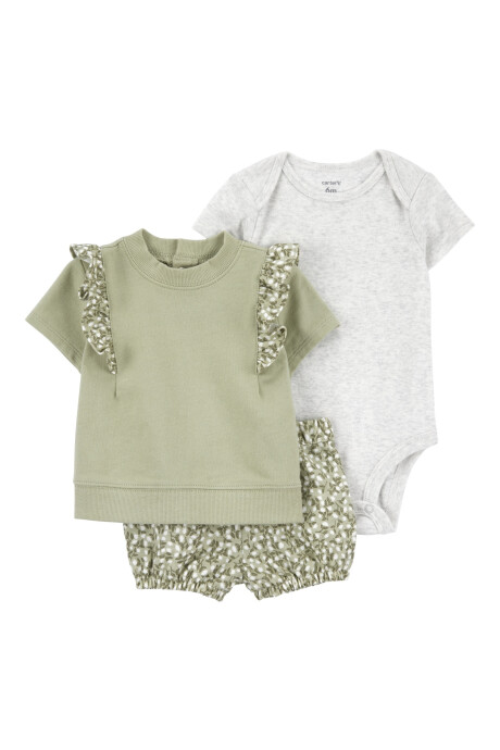 Set tres piezas de algodón, short, blusa y body, diseño floral Set tres piezas de algodón, short, blusa y body, diseño floral