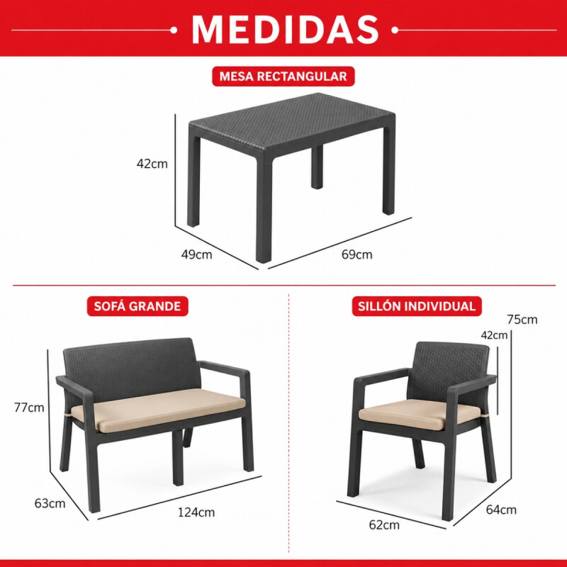 Juego Prestij de jardín 3 sillones con almohadones + Mesa 39x59 GRIS