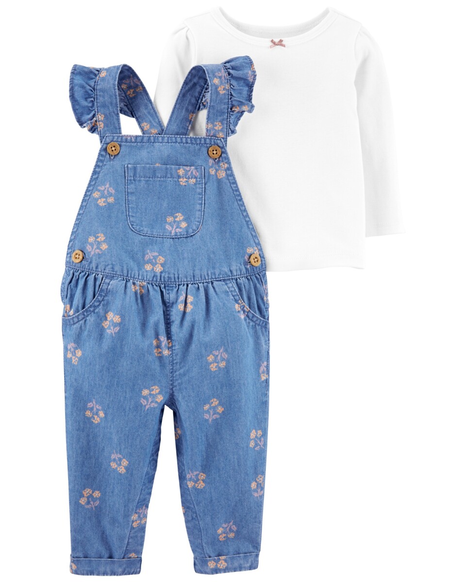 Set dos piezas enterito jean floreado y remera manga larga de algodón 