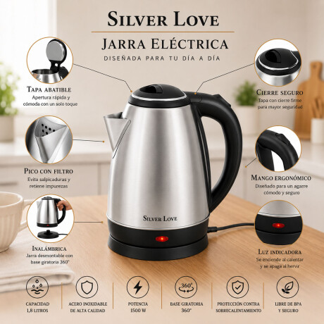 Jarra Eléctrica 2L Acero Inoxidable Silver Love Plateado