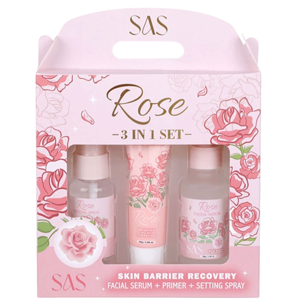 SAS Set facial serum, primer, spray fijador rosas - Sas Set Facial Serum, Primer, Spray Fijador Rosas 