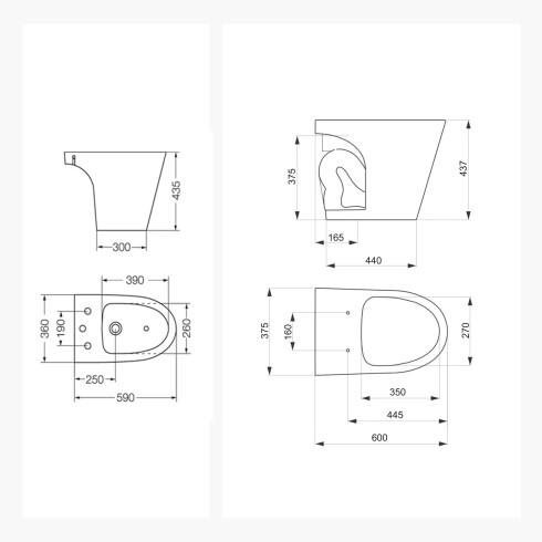 Juego De Loza Blanco, Inodoro Corto, Tapa Y Bidet Para Griferia Bimando Linea Marina Marca Ferrum BLANCO