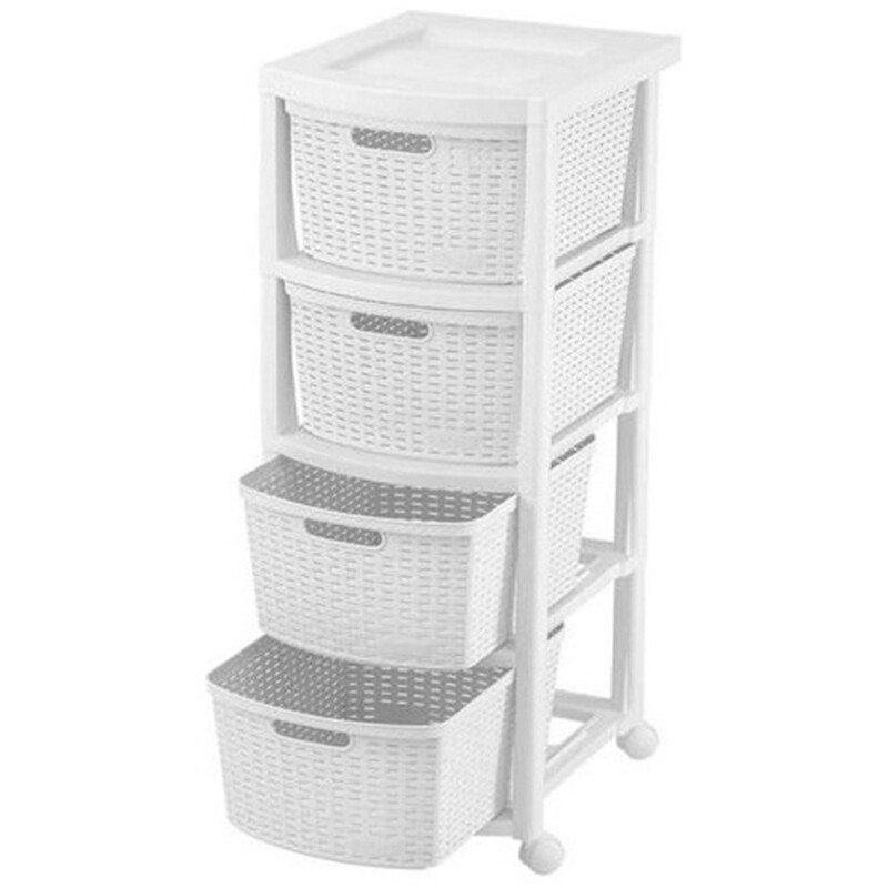 Cajonero Rimax Plastico Rattán 4 cajones, estante y ruedas Blanco