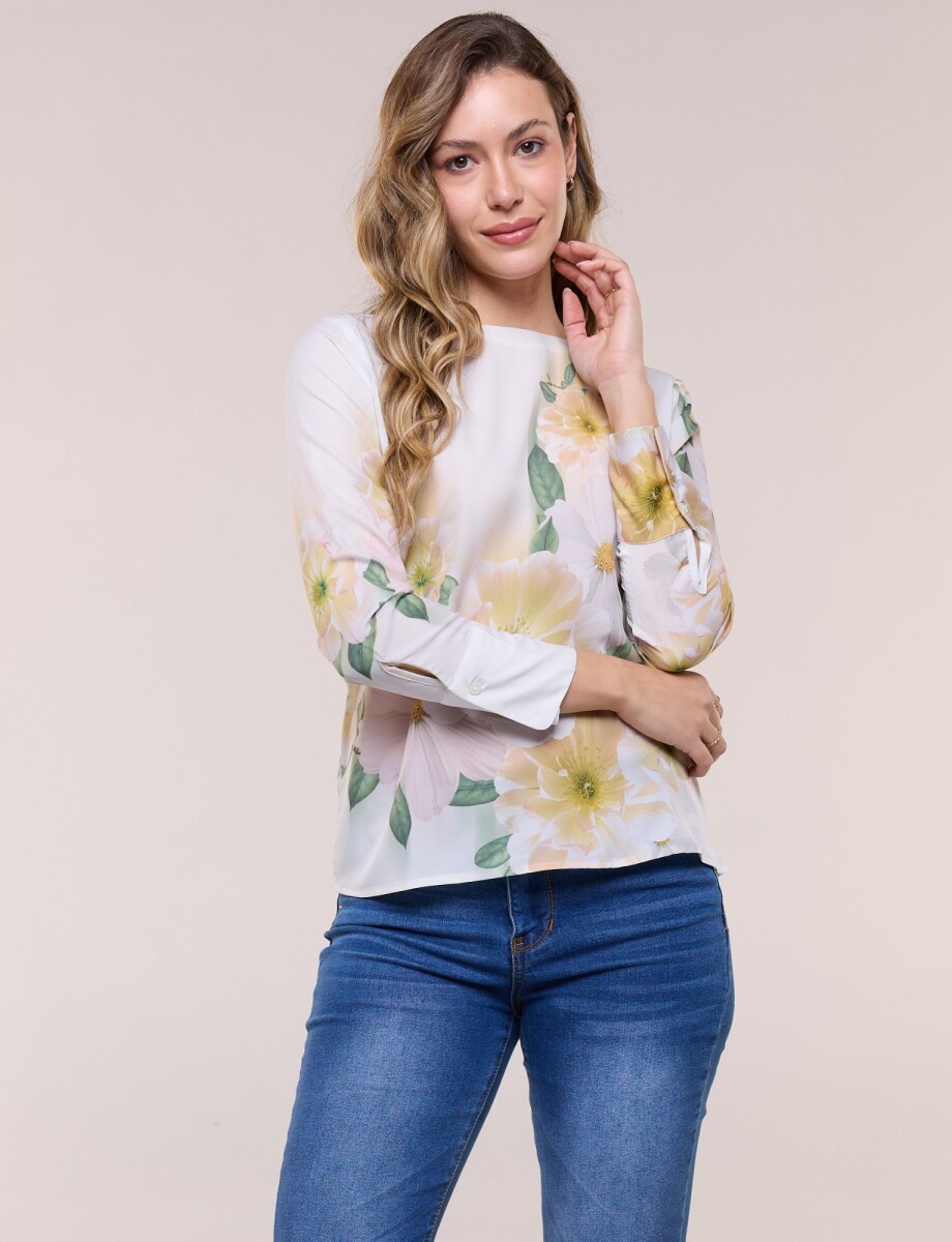 Blusa De Caída Fluida Con Escote Redondo - Crudo/multi 