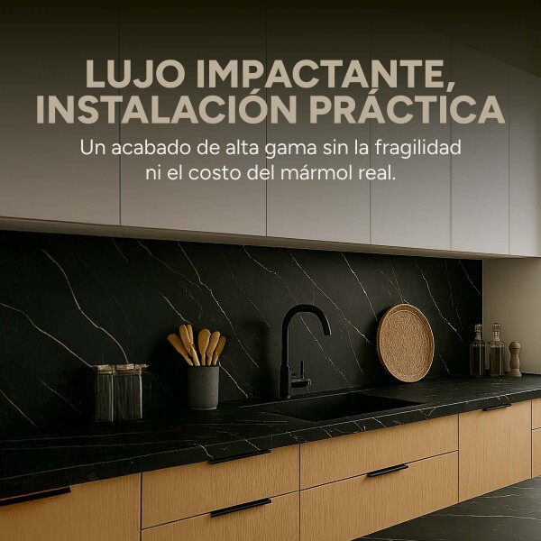 Placa PVC Símil Mármol 2,44x1,22m 3mm Resistente Agua Calor Diseño Mármol Negro