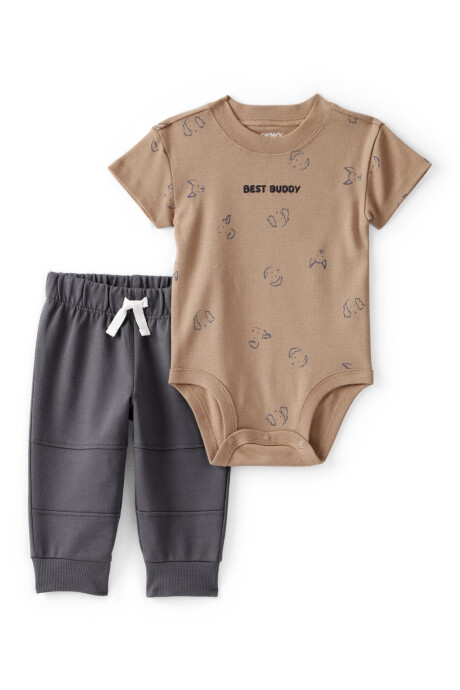 Set dos piezas de algodón, pantalón y body, marrón y gris, diseño perros Sin color