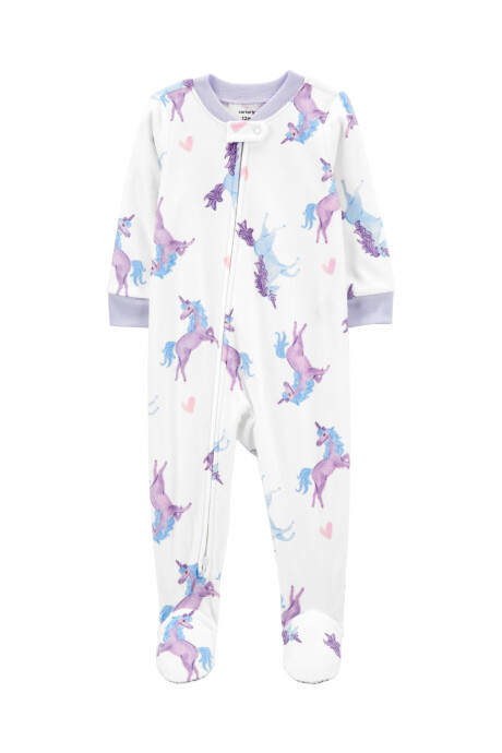Pijama uno pieza de micropolar, con pie, blanco, diseño unicornios. Talles 2-5T Pijama uno pieza de micropolar, con pie, blanco, diseño unicornios. Talles 2-5T
