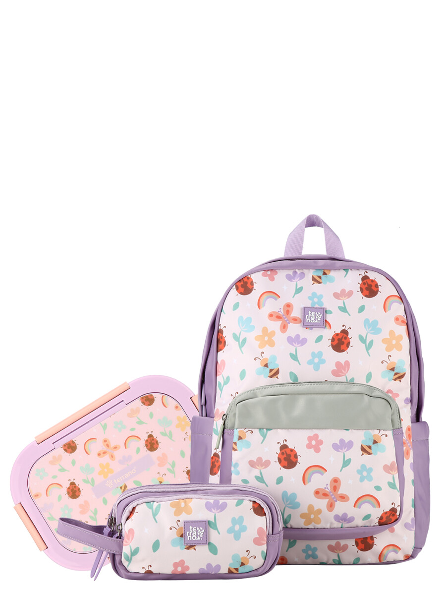 Kit Mochila + Cartuchera + PickBox Tupper - Purple Flower 