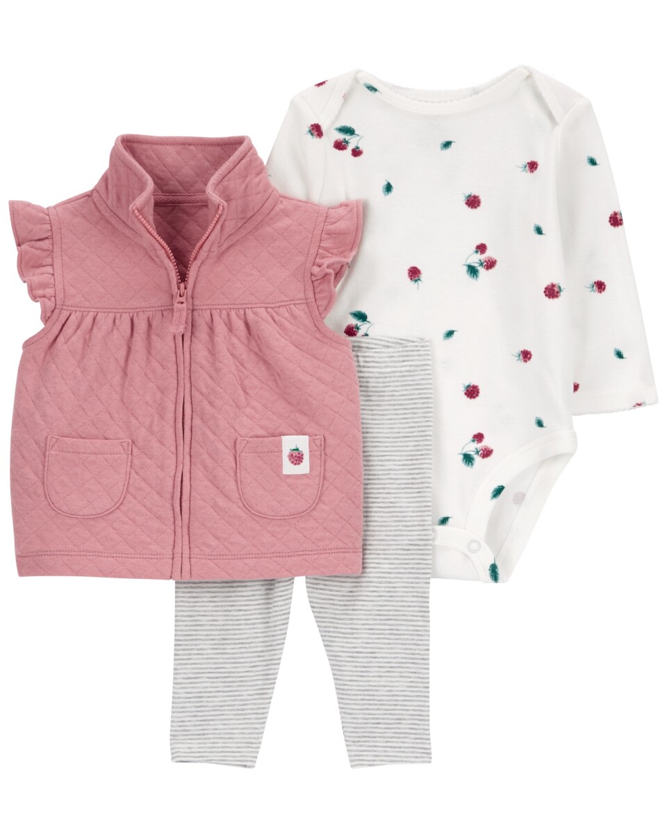 Set tres piezas de algodón, chaleco capitoneado, pantalón y body, diseño frambuesas 
