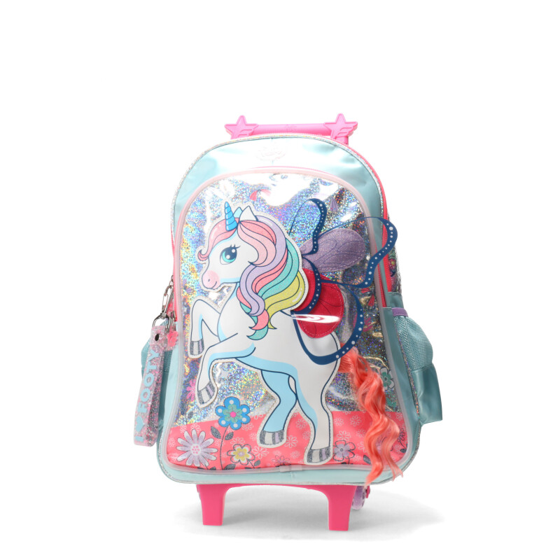 Mochila Footy Unicornio 18" CARRO con Luz Led Verde Agua - Rosado