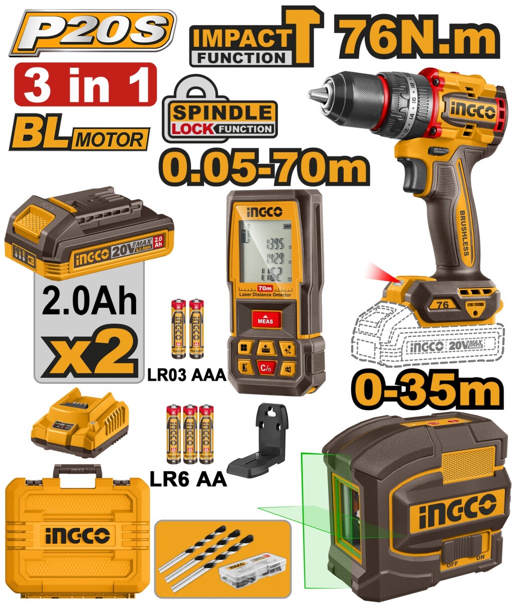 KIT COMBO P20S 20V TALADRO ATORN. C/PERCUTOR 76NM + NIVEL LASER AUTONIVELANTE 35 