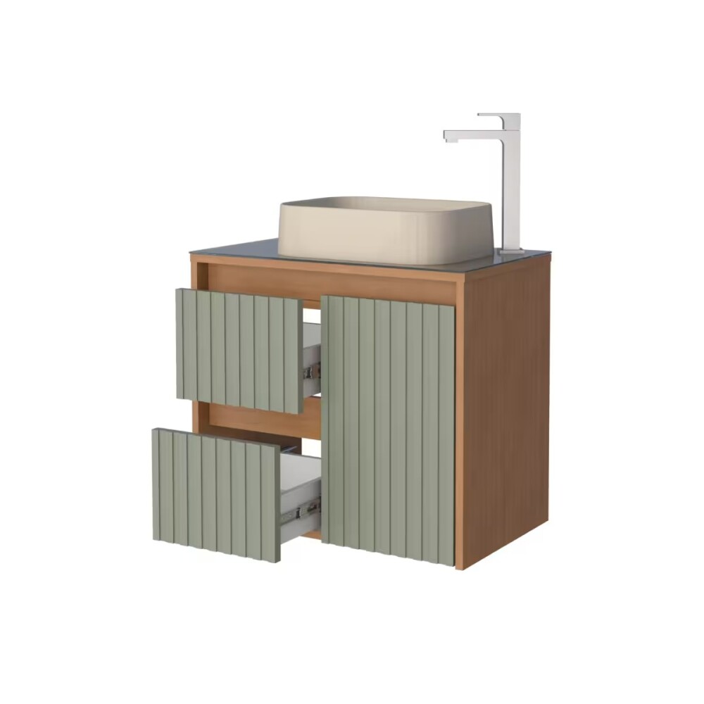 Mueble de baño suspendido Kyoto Verde 61 cm con tapa de vidrio y bacha de loza Mueble De Baño Suspendido Kyoto Verde 61 Cm Con Tapa De Vidrio Y Bacha De Loza