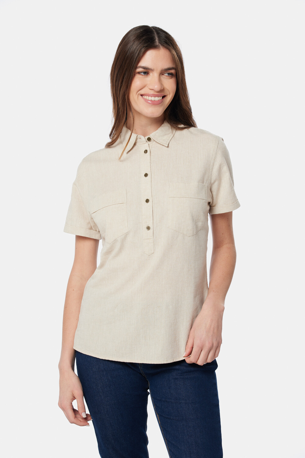 CAMISA DE LINO MEDIO BOTÓN Beige