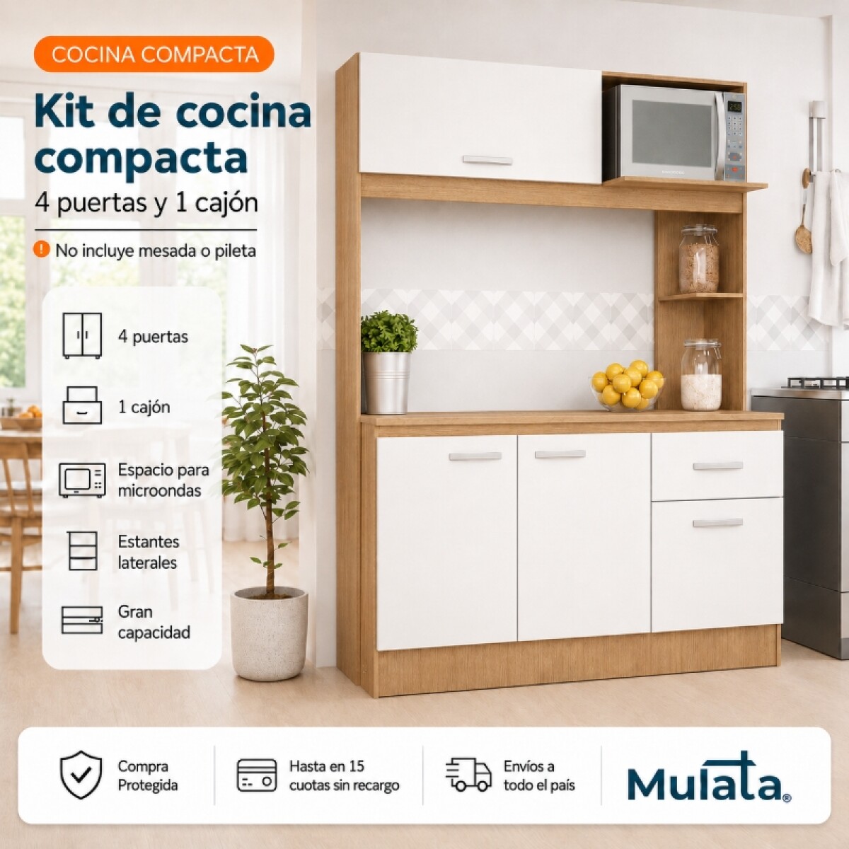 Kit de cocina compacta 4 puertas 1 cajón Patas Ajustables 141 x 50 x 185 cm - Carvale / Blanco 
