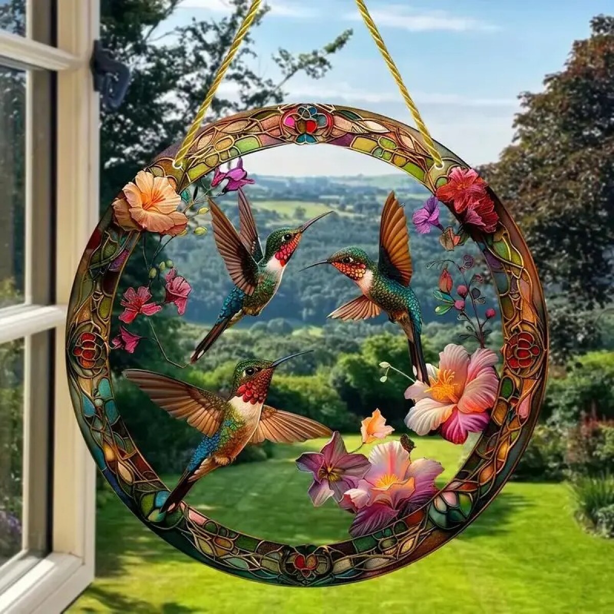 Cuadro Redondo Estilo Vitral - Bandada De Colibríes 
