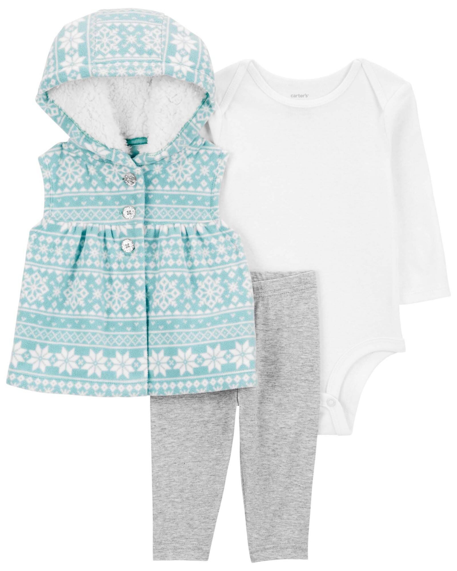 Set tres piezas, chaleco de micropolar con sherpa, body y pantalón de algodón Sin color