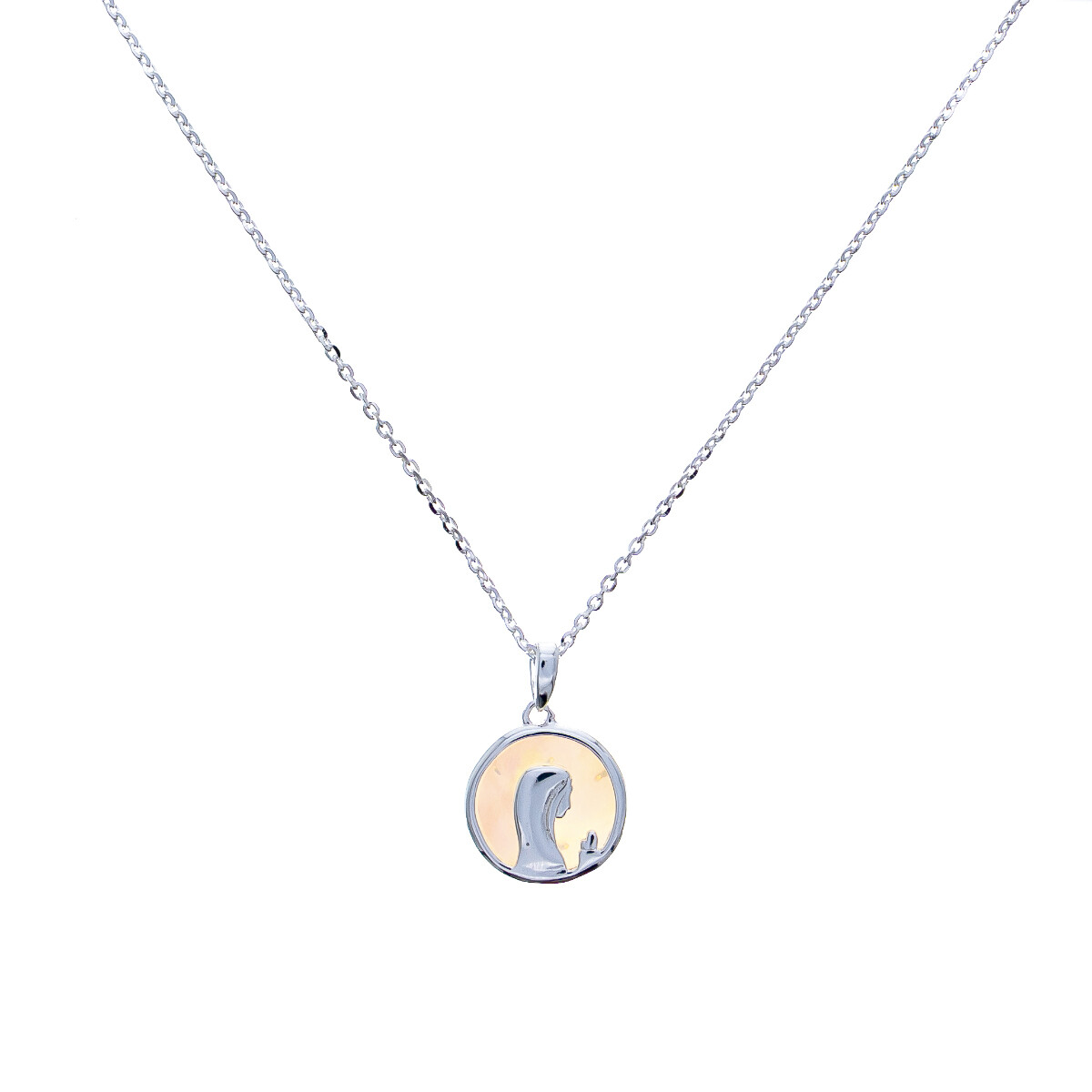 Conjunto de cadena y medalla religiosa de plata 925 y nácar, VIRGEN NIÑA. 