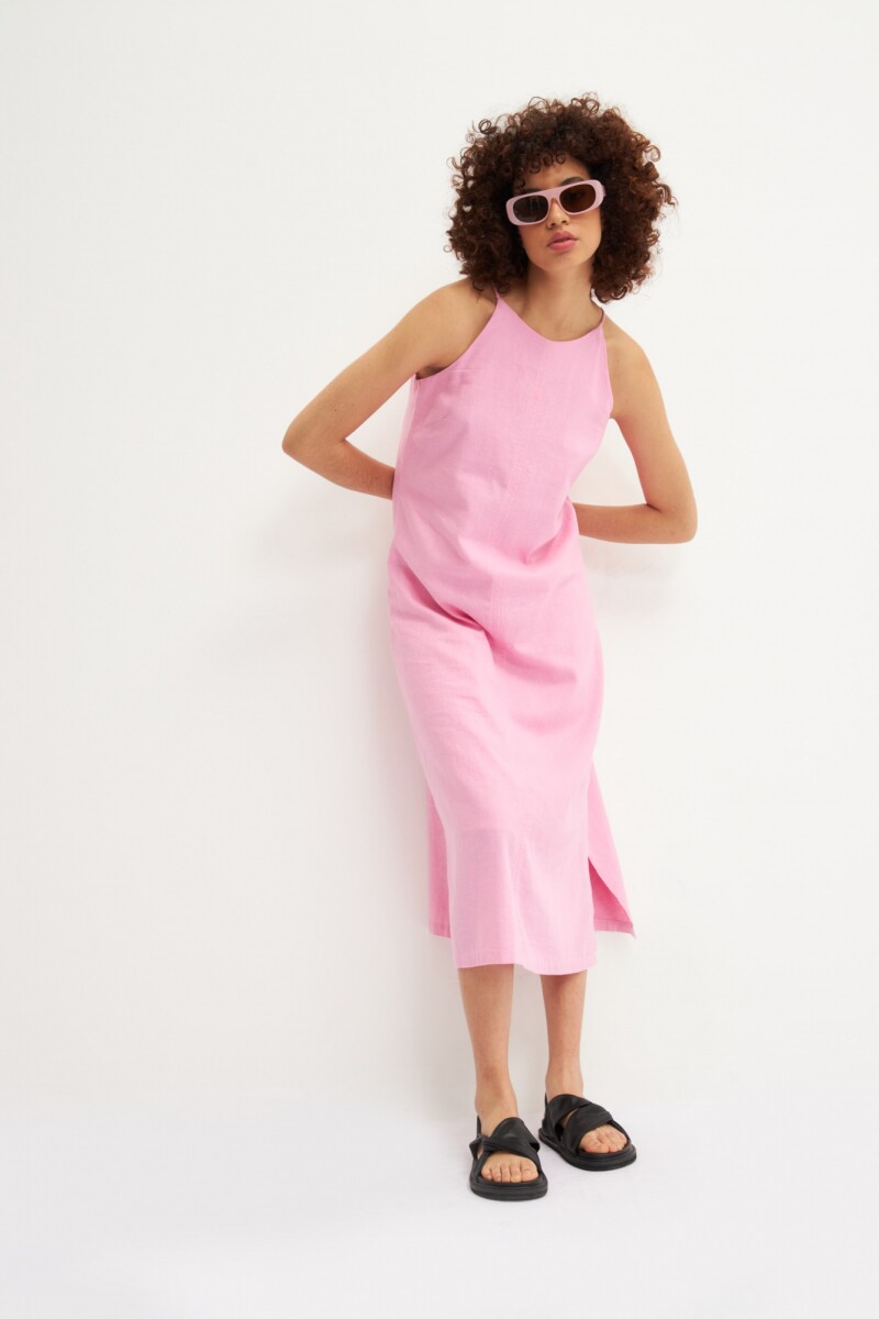 Maxi vestido de lino con tajos en laterales - rosado 