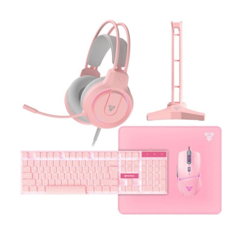 SETGAMER FANTECH TECLADO, MOUSE+PAD, AURICULARES Y SOPORTE Rosa