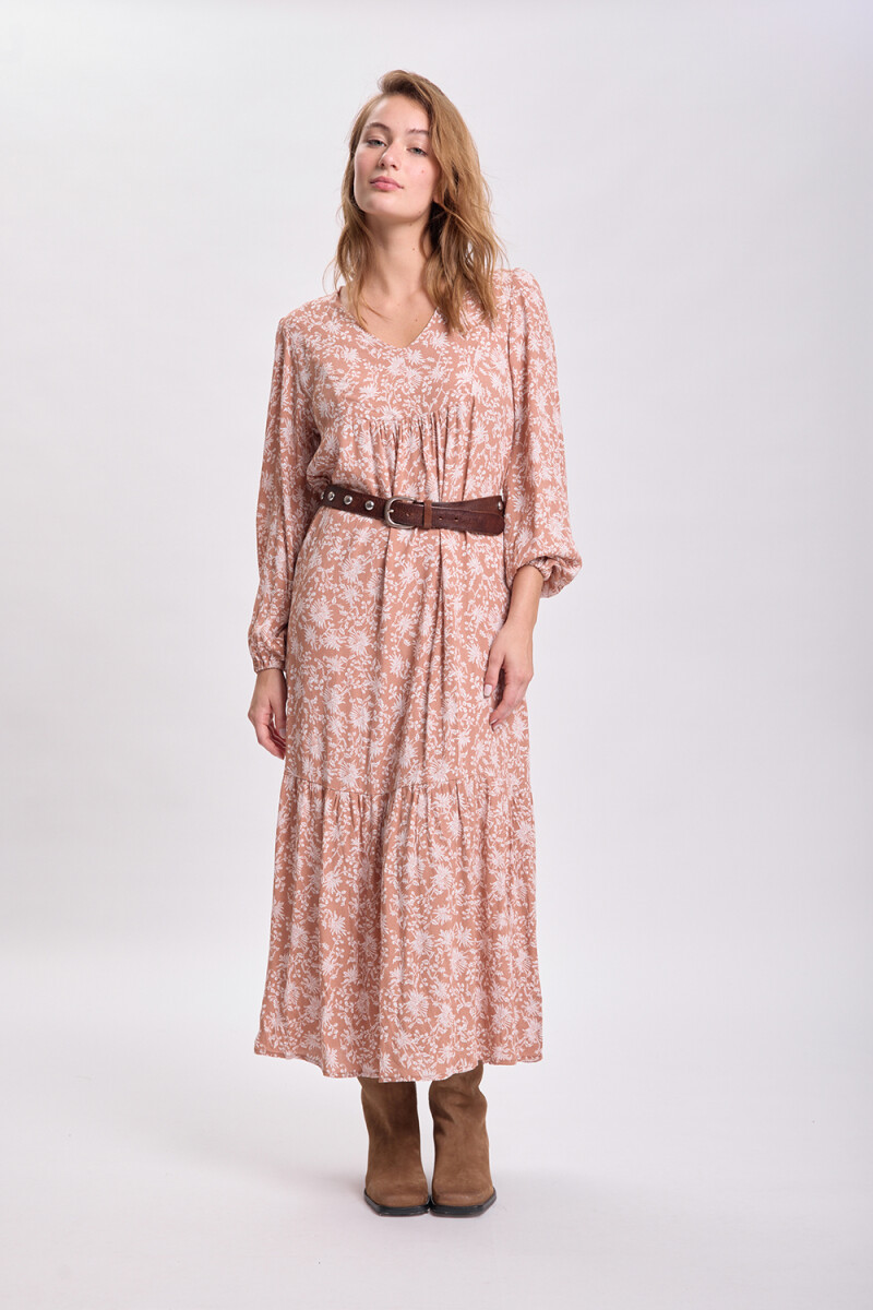 Vestido largo paneles estampa boho Tostado
