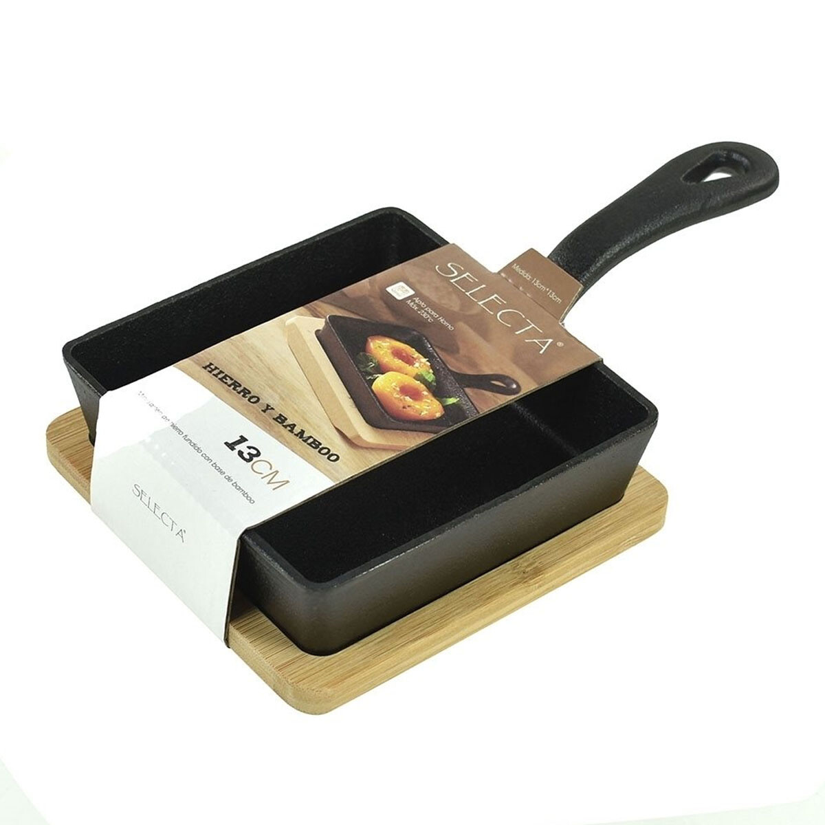 Mini Sartén Cuadrado 13x13Cm en Hierro Fundido c/Base Bamboo - Negro 