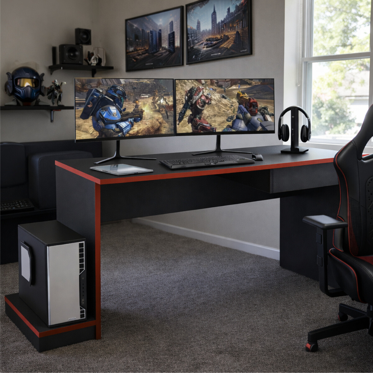 Escritorio Gamer con Cajón y Soporte para CPU | Mesa Gaming Moderna - Grafito / Rojo 