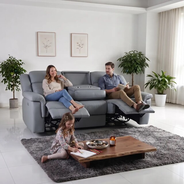 Sillón Sofá Cuero Ecológico 3 Cuerpos Eléctrico Reclinable Gris