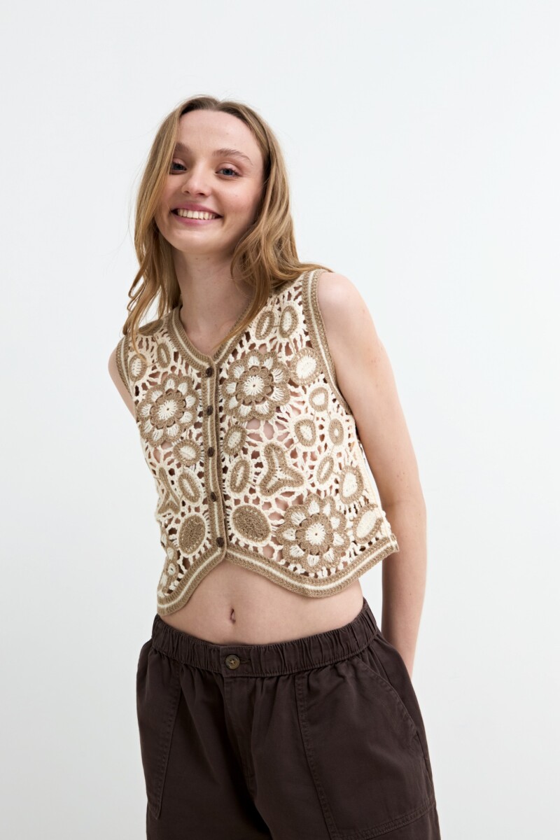 Chaleco crochet calado floral - Beige 