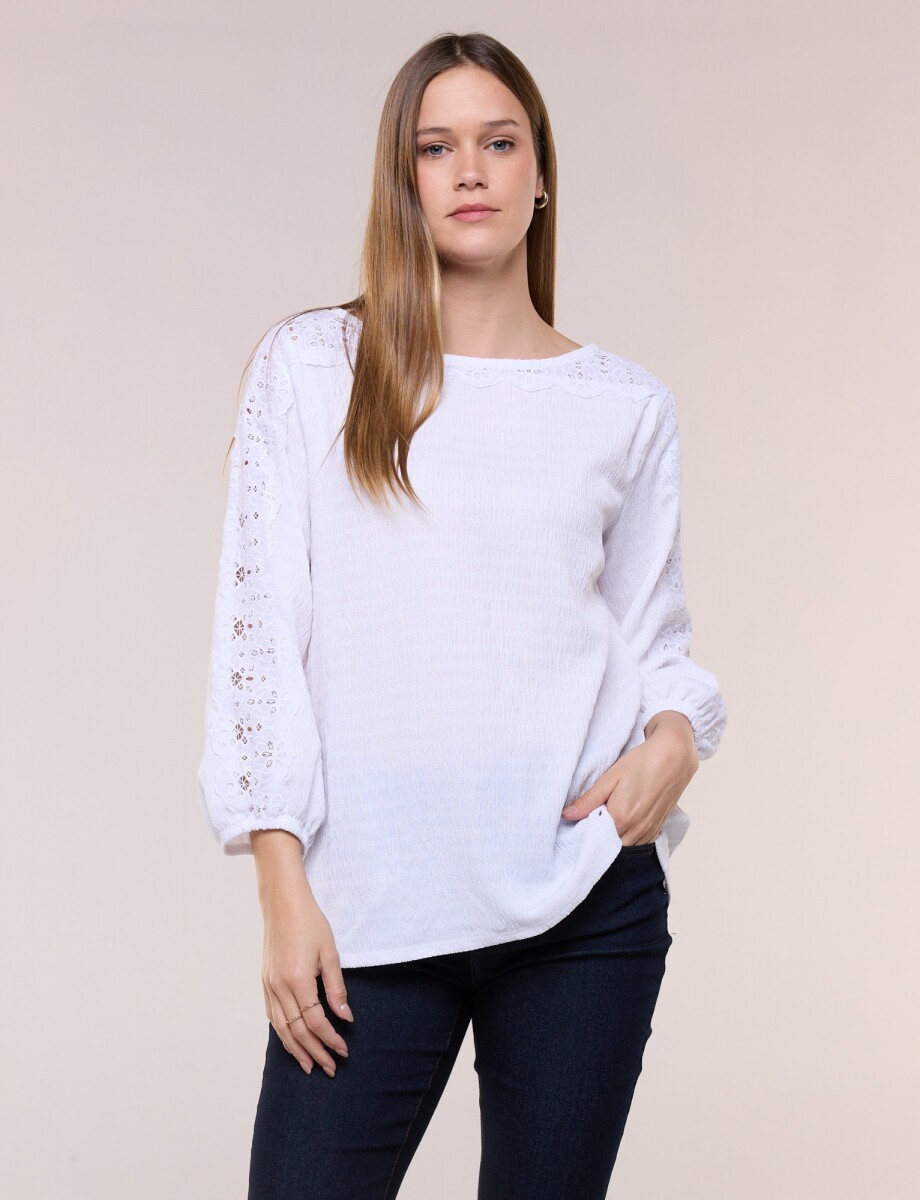Blusa Crepe Broderie Calado - Blanco 