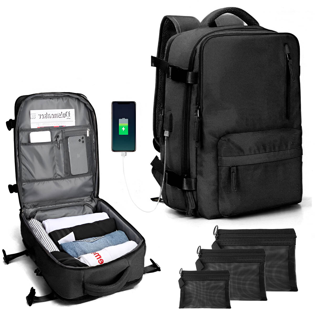 Mochila Viaje Carry On Impermeable Laptop Ejecutiva - Negro 