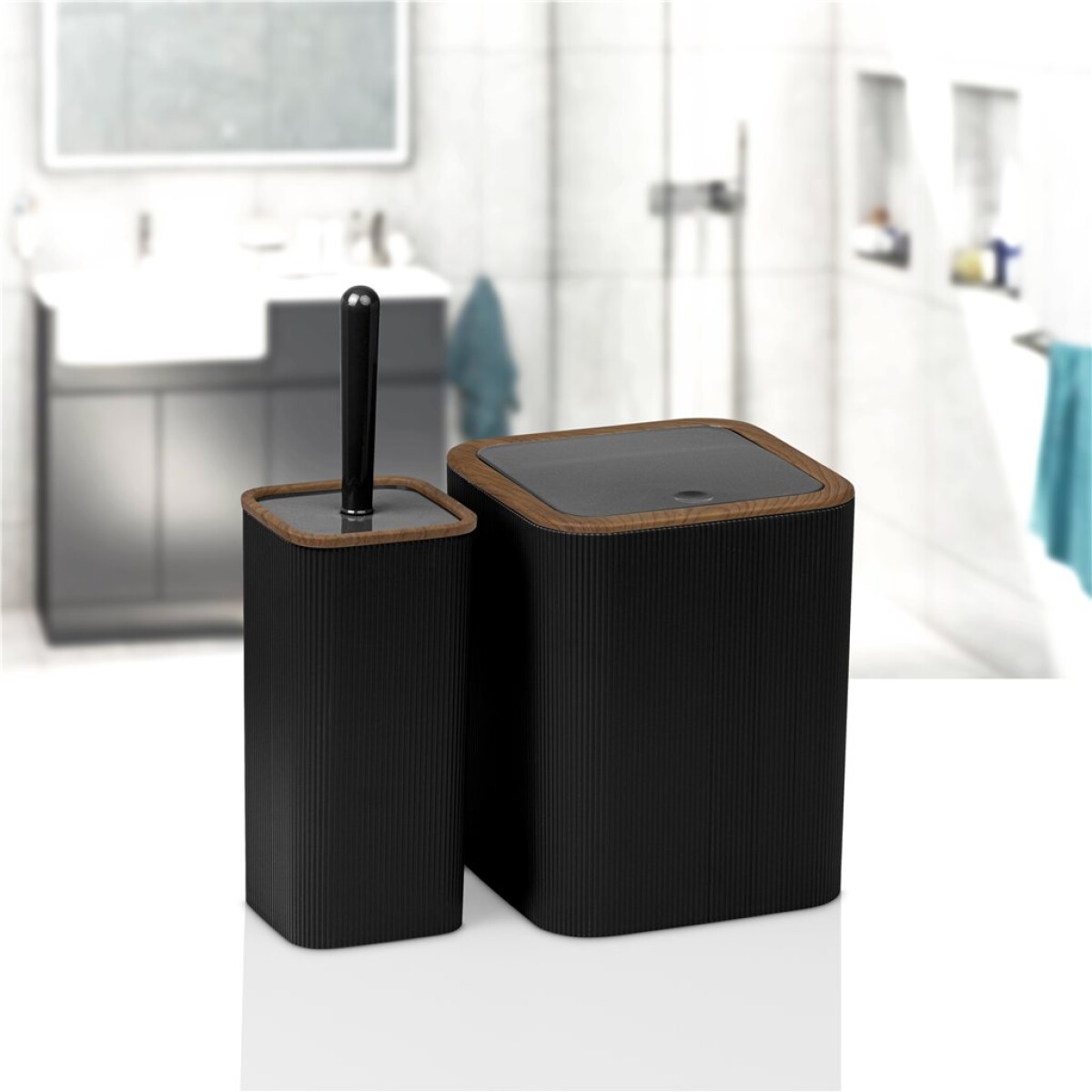 SET 2PCS BAÑO MINA PP/MADERA CUADRADO RAYAS NEGRO 