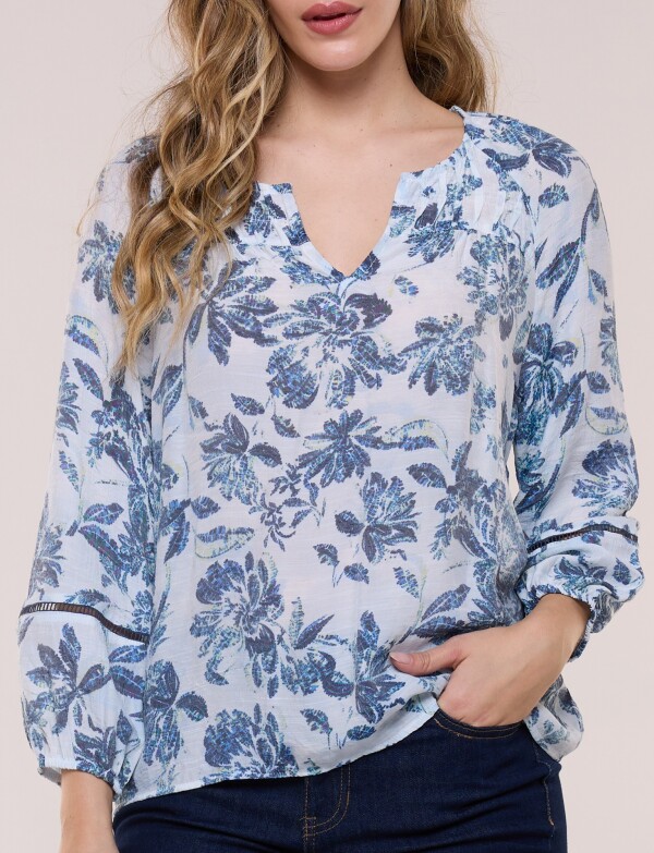 Blusa Con Detalles De Puntilla BLANCO/AZUL