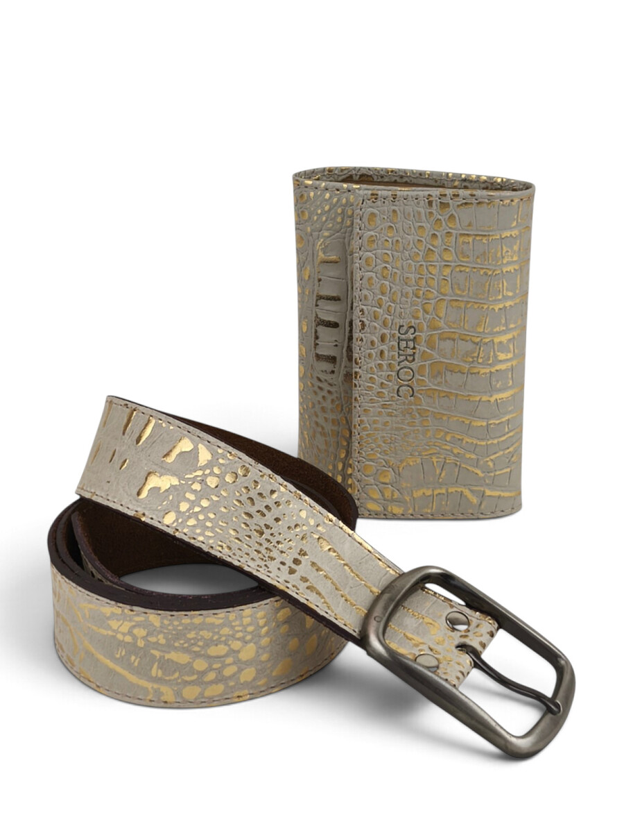 Set de Cinto y Billetera de Cuero Genuino - Croco beige y dorado 