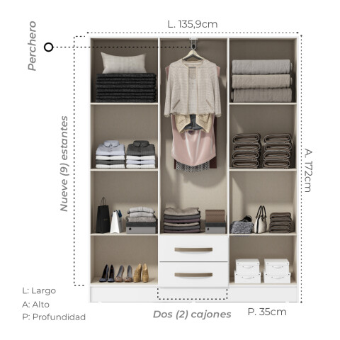 Combo Armario 6 Puertas y Cómoda - MDP - Blanco Combo Armario 6 Puertas y Cómoda - MDP - Blanco