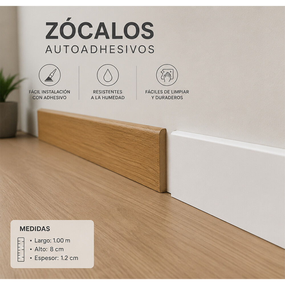 Zócalo Adhesivo Macizo 1m X 1.2cm De Espesor 8cm Altura Blanco