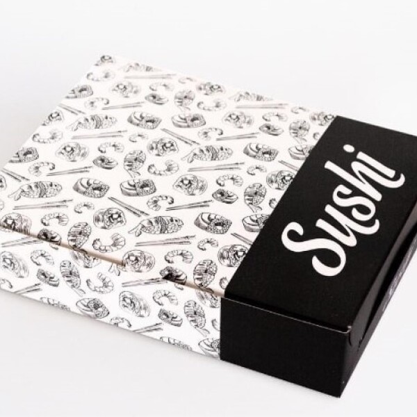 CAJA DE CARTULINA PARA SUSHI IMPRESA FANTASIA 20X15.5X4.3 CM. BLANCO