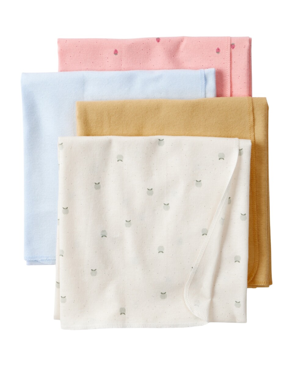 Pack cuatro mantas recibidoras de algodón, diseño frutas 