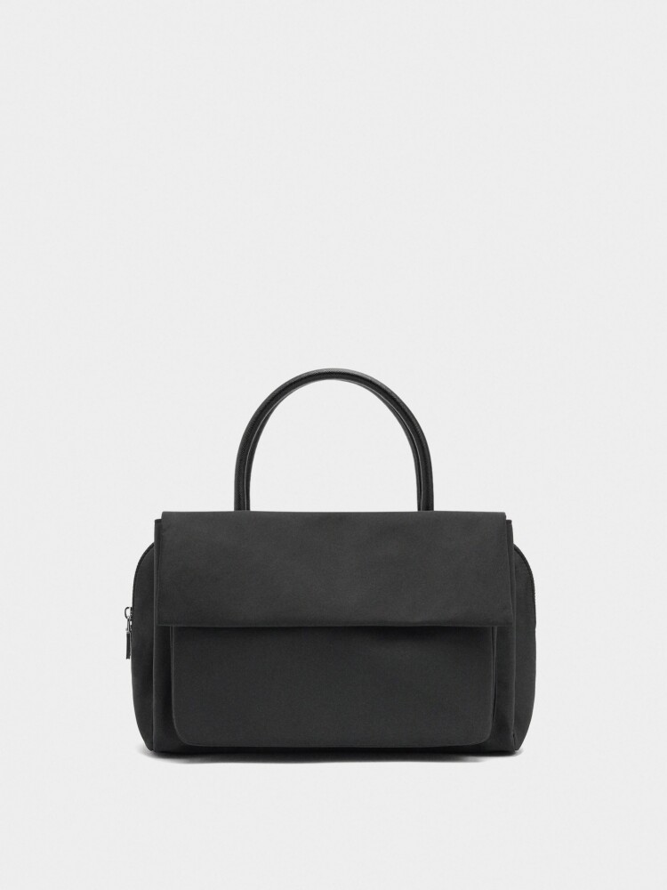 Bolso Tote De Nylon Con Doble Solapa negro