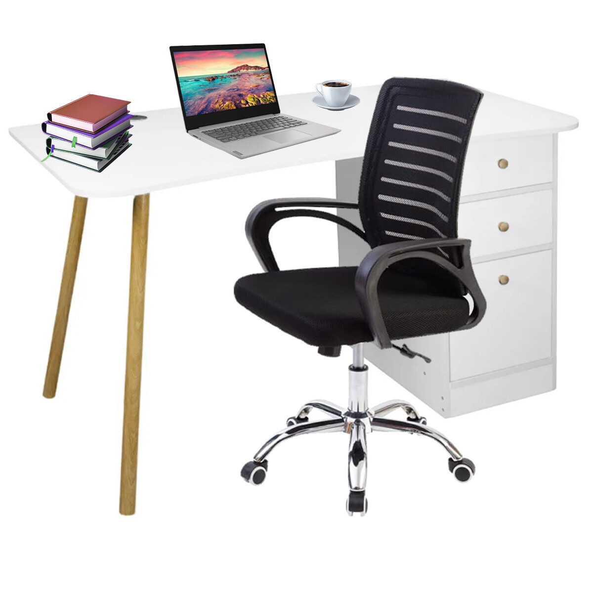 Escritorio Zen + Silla de oficina Lines - Blanco 