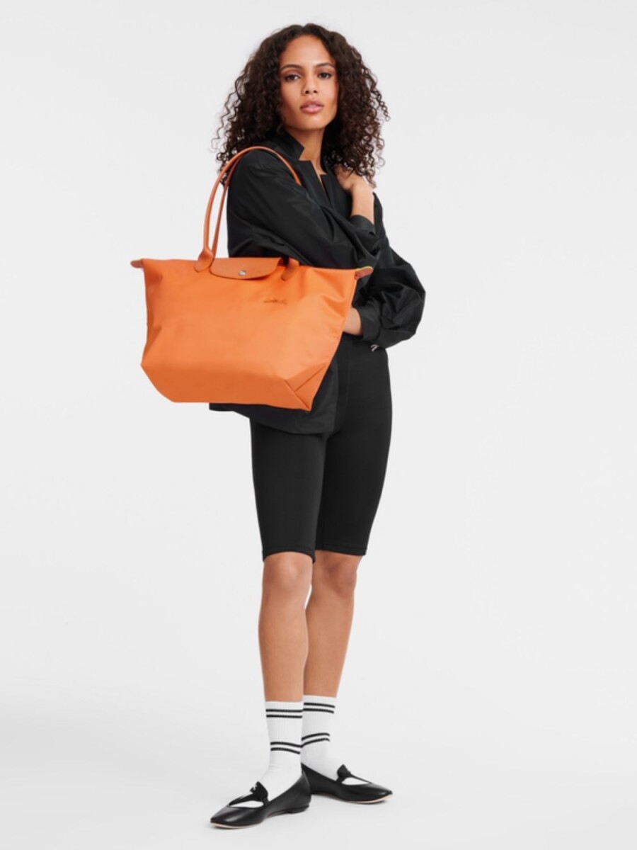 Longchamp -Cartera Longchamp plegable de nylon con cierre y asa larga, Le pliage L - Naranja 