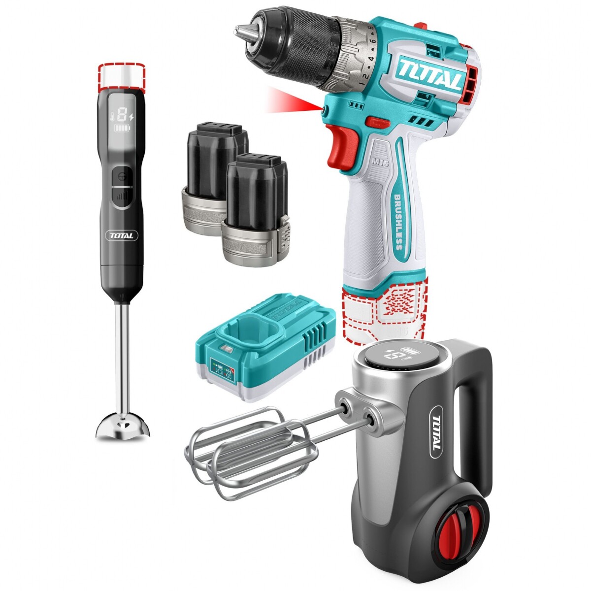 Kit Línea 16v: Taladro Atornillador + Mixer + Batidora, 2 Baterías 