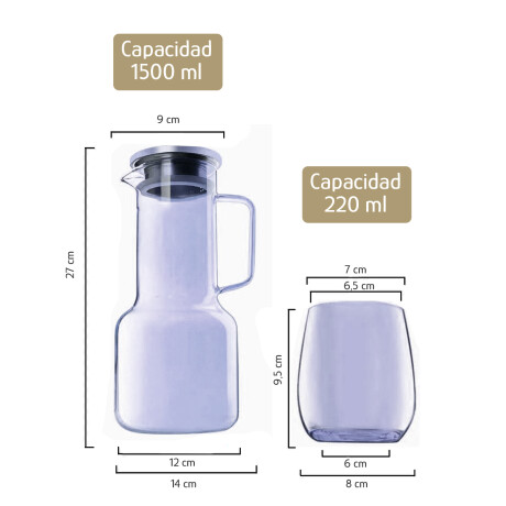 Set Jarra Vidrio + 6 Vasos Bebidas Frias Brunch Ahumado